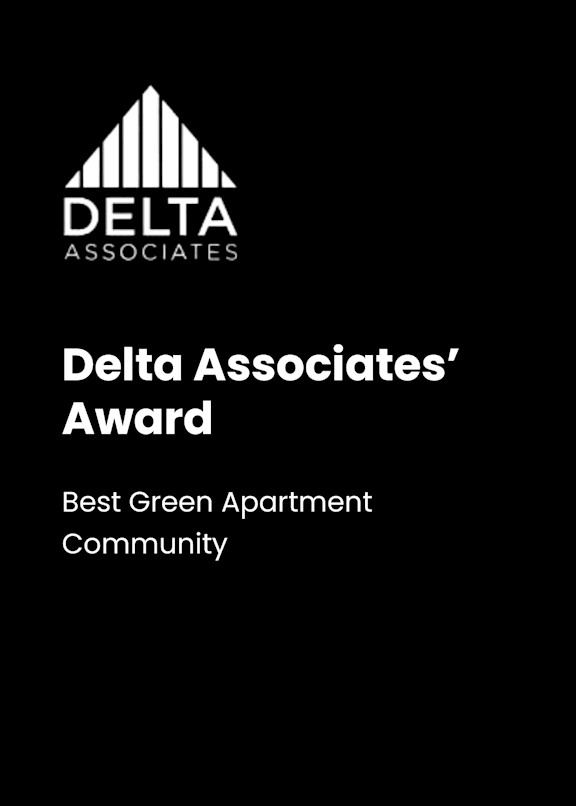 A black and white image of a Delta Associates award for Best Green Apartment Community.