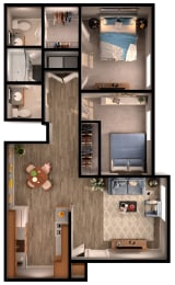 2 bed 1.5 bath Deerfield Floor Plan at Envue Apartments, Texas, 77802