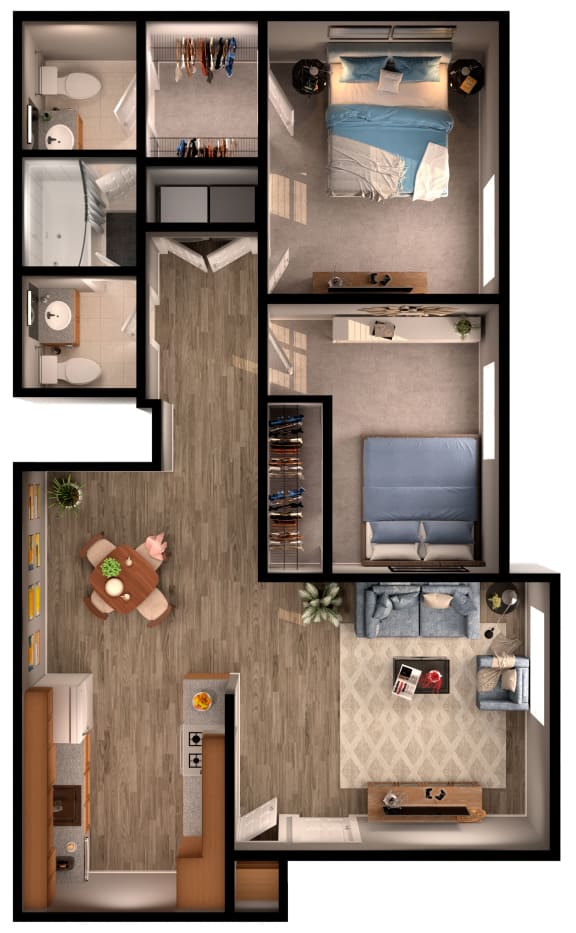 2 bed 1.5 bath Deerfield Floor Plan at Envue Apartments, Texas, 77802