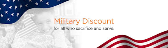 A patriotic image with the text "Military Discount for all who sacrifice and serve."