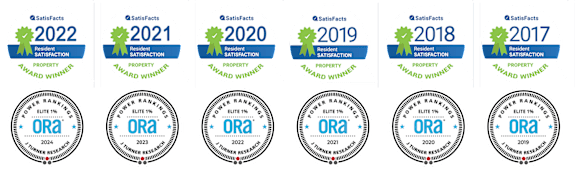 A series of SatisfaFacts badges from 2017 to 2022.