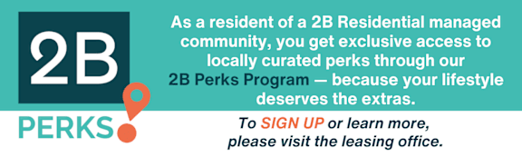An advertisement for a 2B Residential Perks Program offering exclusive local perks to residents.