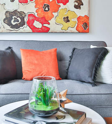 Blue couch with pillows and coffee table