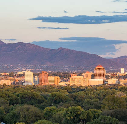 A cityscape with buildings and trees in the foreground and mountains in the background.