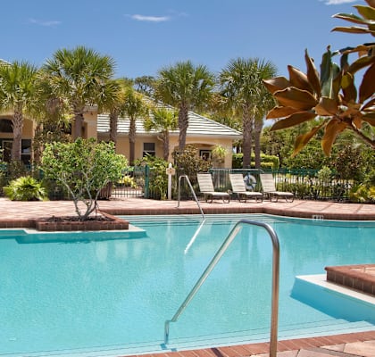 A pool with a metal ladder in front of a house surrounded by trees.