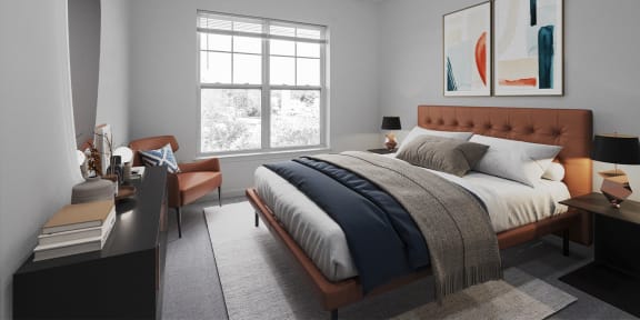 a bedroom with a bed and a desk and a window