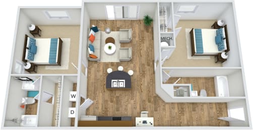 B1 2 Bedroom 2 Bath 3D Floor Plan at Rose Heights Apartments, North Carolina