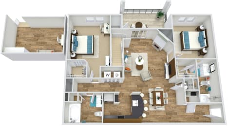 B4 2 Bedroom 2 Bath Plus Loft 3D Floor Plan at Rose Heights Apartments, Raleigh, NC, 27613