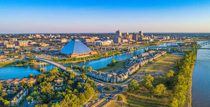an aerial view of the city and the river