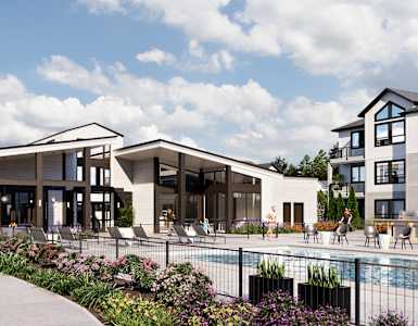 a rendering of a building with a pool and people in front of it