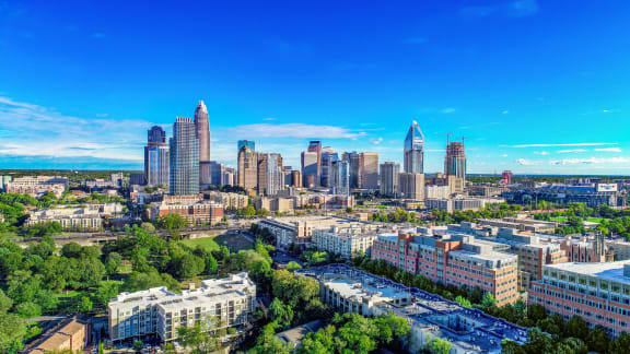 a view of downtown charlotte, nc with skyscrapers and trees