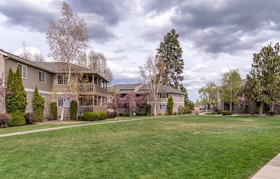 A grassy field with a sidewalk and houses in the background.