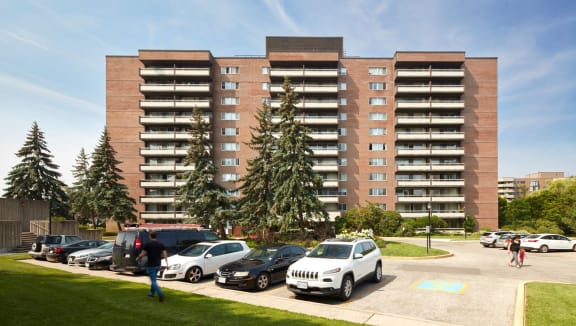 Exterior view of the complex on a blue sky day.