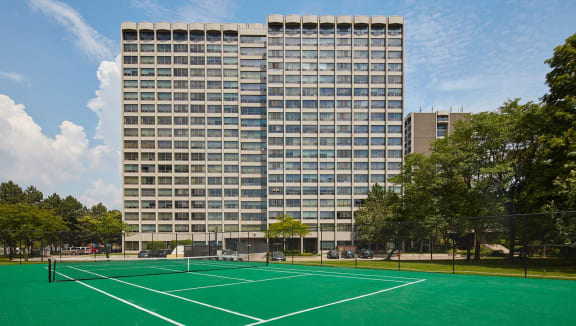 Tennis court surrounded with trees.