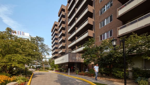 Exterior view of the complex on a blue sky day.