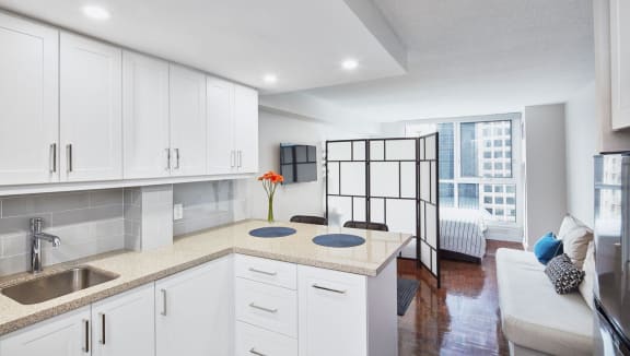 Open concept bachelor suite with living, dinging room and bedroom.