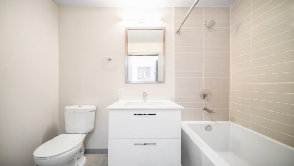 Beautifully appointed bathroom with chrome fixtures.