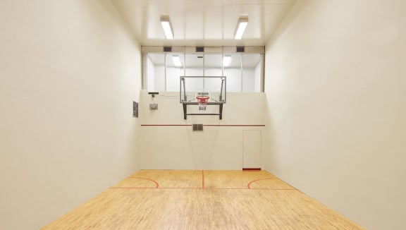 View of the basketball court, which doubles as the squash court.