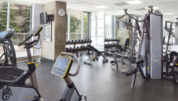 Fitness facility with weight bench, weights, elliptical and bike