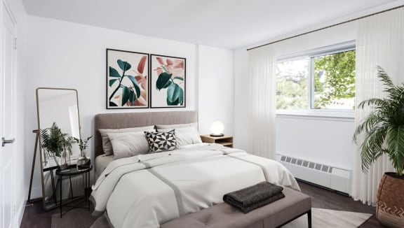 Staged bedroom with large window