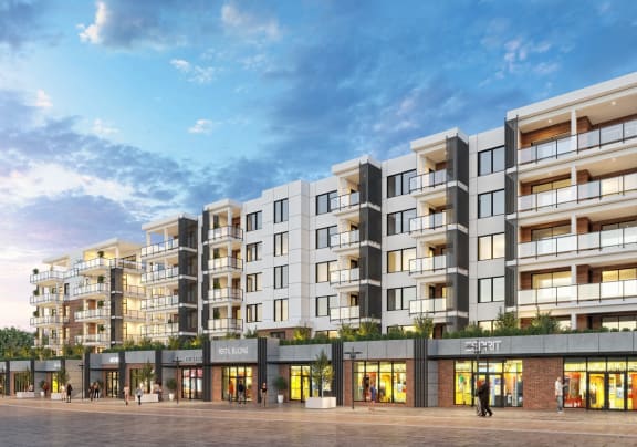 an artist rendering of an apartment building on a city street