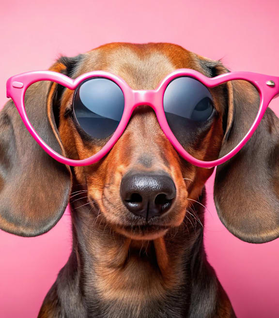 A dog wearing heart-shaped sunglasses.