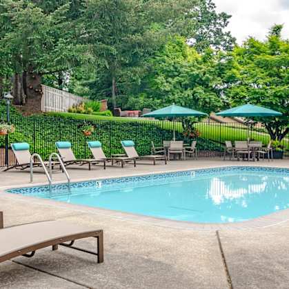 a swimming pool with lounge chairs and umbrellas in a garden