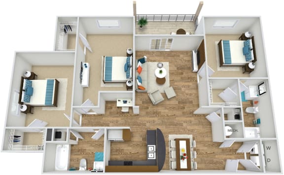 C1 3 Bedroom 2 Bath 3D Floor Plan at Rose Heights Apartments, Raleigh, North Carolina