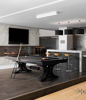 a living room with a couch and a table and chairs