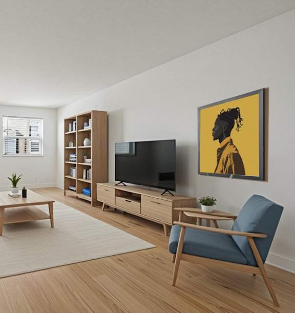 The Canvas Apartments living room with two windows, a gray couch, wooden coffee table, blue chair, TV, and yellow artwork on the wall.