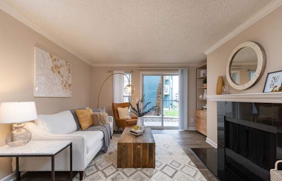 spacious living room with fireplace at Riverwalk at Happy Valley 8640 SE Causey Avenue Happy Valley, OR 97086