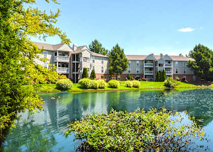 A serene lake in front of apartment buildings.