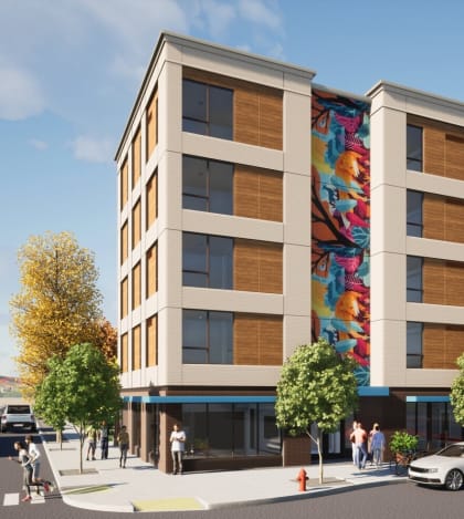 a rendering of the building with a colorful mural on the side of it