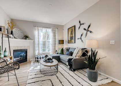 A living room with a grey couch, a fireplace, and a rug.