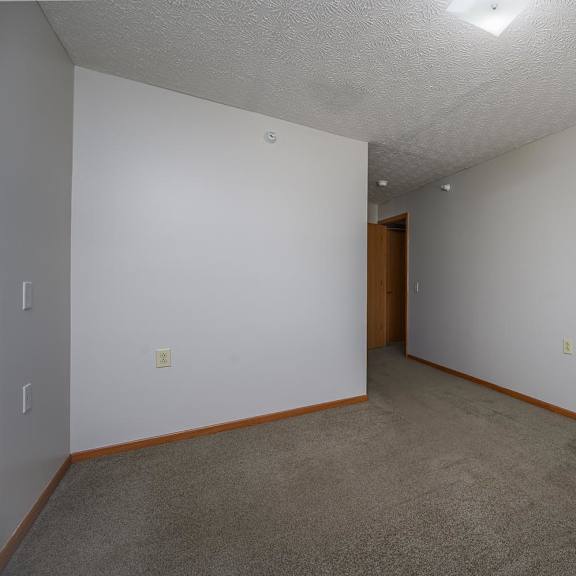 A room with a carpeted floor and a brown door.