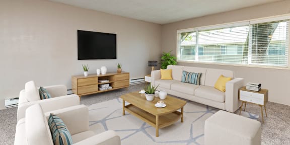 a living room with a couch and a table