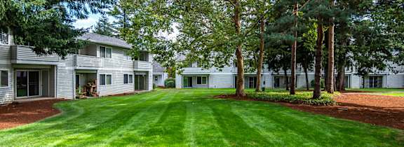A grassy area in front of a building with a tree and bushes.