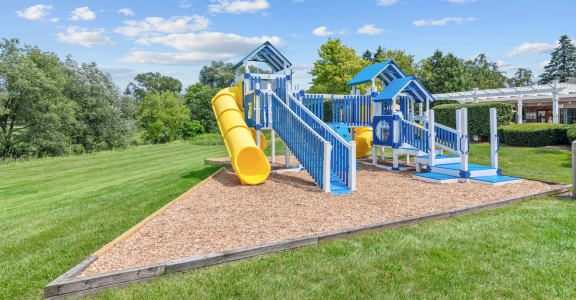a playground with a yellow slide and blue playset