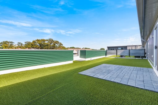a backyard with artificial grass and a blue sky