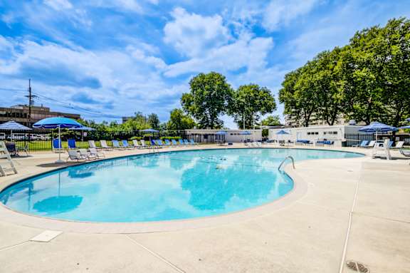 A large outdoor swimming pool surrounded by trees and lounge chairs at Premier at Cherry Hill, Cherry Hill