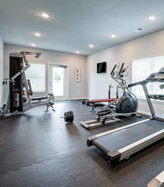 A spacious home gym with treadmills, elliptical machines, and a television.