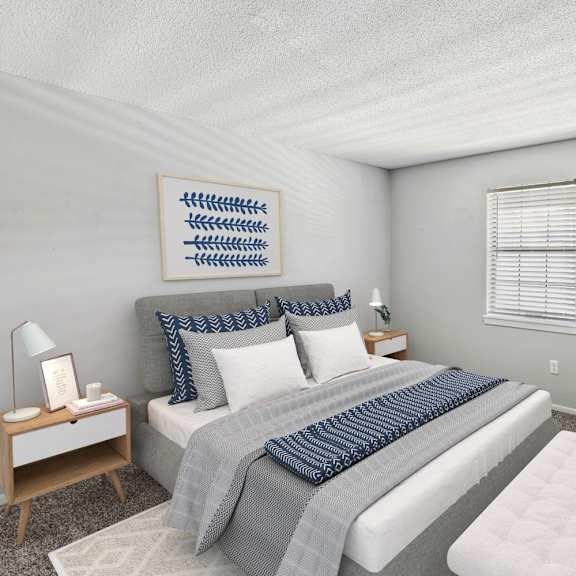 A bedroom with a bed, nightstand, and a plant.