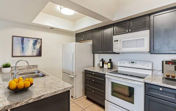 A kitchen with a white refrigerator, white oven, and black cabinets.