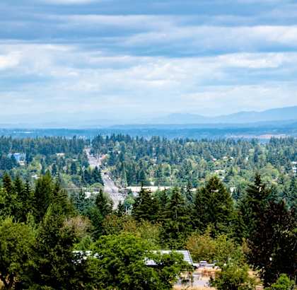 A view of a town nestled in the valley surrounded by mountains and trees.