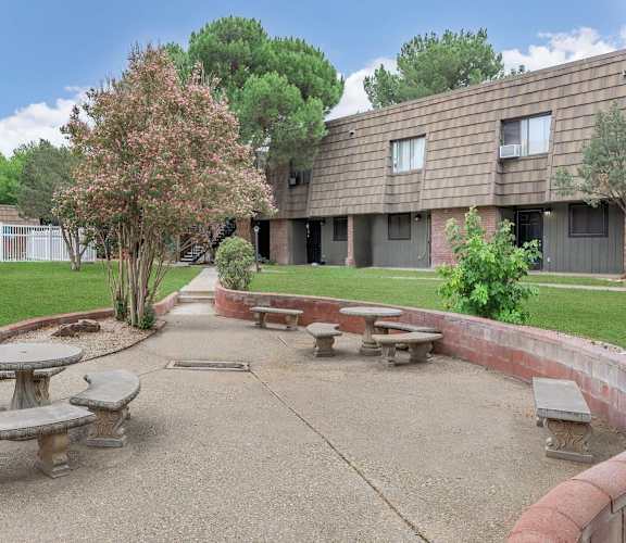 A courtyard with a tree and benches in front of a building.