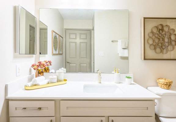 A bathroom with a white sink and a large mirror.