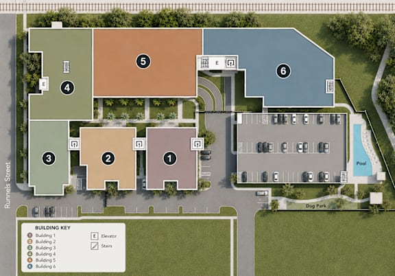A map of a building complex with six buildings and a pool.