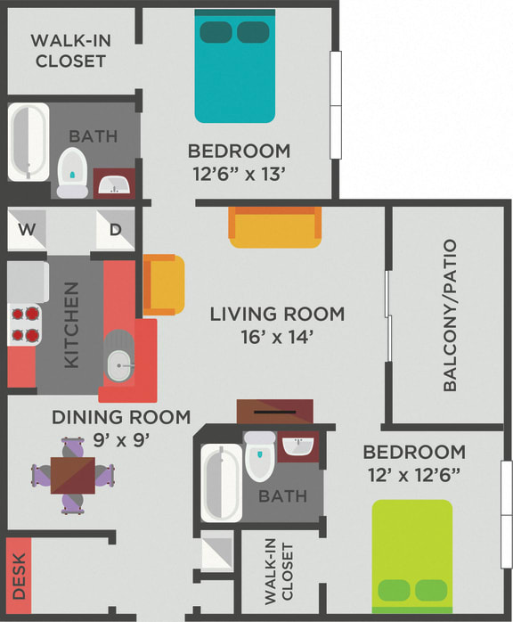 The Brantley B1 Floorplan 2 Bedroom 2 Bath 1105 Total Sq Ft at The Shallowford Apartment Homes, Chattanooga, TN 37421