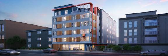 a rendering of a building on a city street