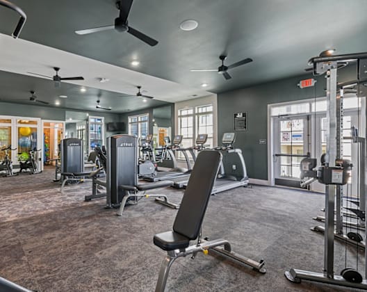 A gym with a variety of equipment including weights and cardio machines.